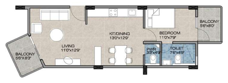 Brochure floor plan of residence type 1B1, one bedroom, unit 102, 740 sq. ft.: living room 11′0″ × 12′9″, kitchen-dining 13′0″ × 12′9″, bedroom 11′0″ × 7′9″, toilet, powder room and two balconies.