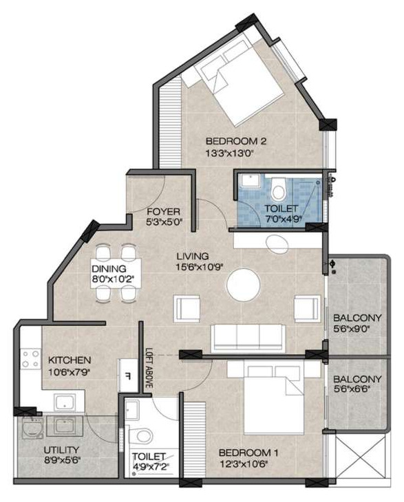Brochure floor plan of residence type 2B3, two bedrooms, units 106, 206, 306 and 406, 1,160 sq. ft.: foyer, living 15′6″ × 10′9″, dining, kitchen, utility, two bedrooms, two toilets and two balconies.