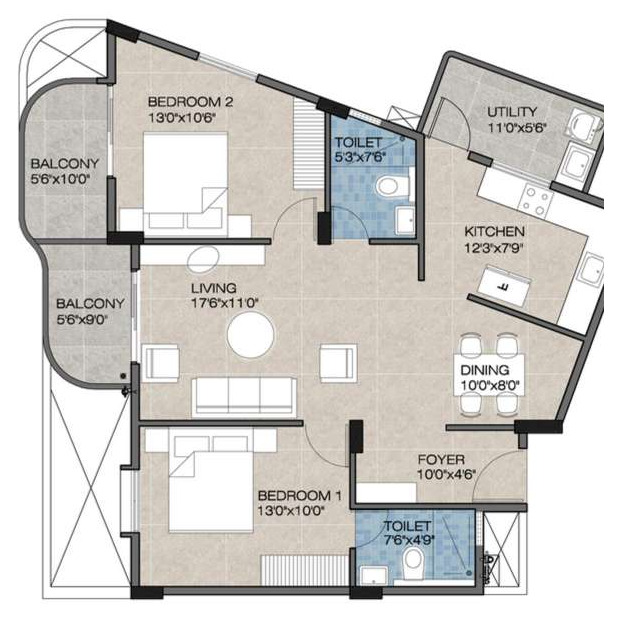 Brochure floor plan of residence type 2B4, two bedrooms, units 105, 205 and 305, 1,270 sq. ft.: foyer, living 17′6″ × 11′0″, dining, kitchen 12′3″ × 7′9″, utility, two bedrooms, two toilets and two balconies.