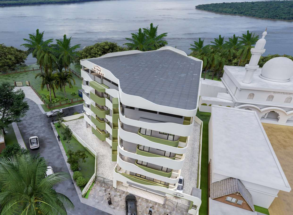Aerial artist's render of Nihar Enclave beside the white domed Jamia Masjid, with roads, palms and water in the background.