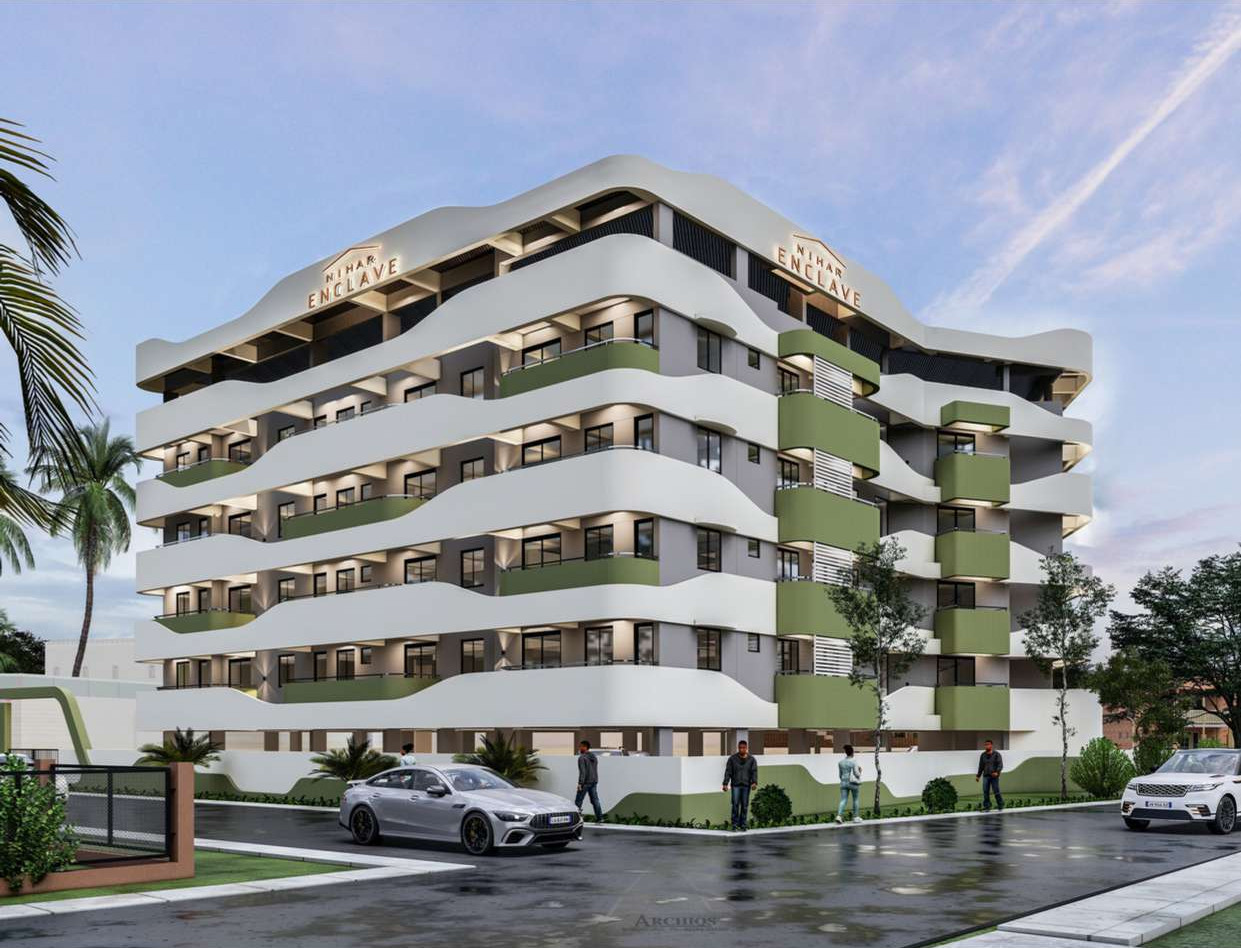 Artist's render of the Nihar Enclave façade from the street corner, showing undulating white floor bands, green balcony fronts and palm trees.